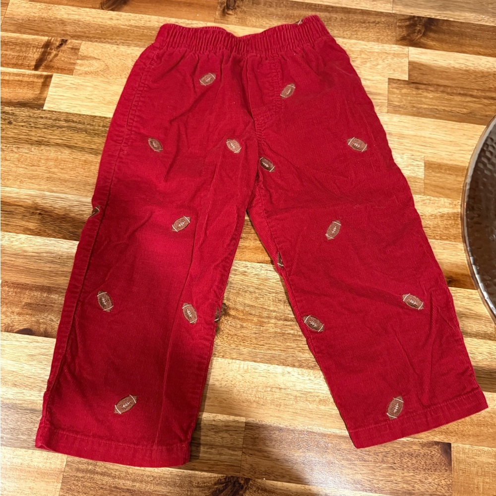 Red Corduroy Pants with Embroidered Footballs